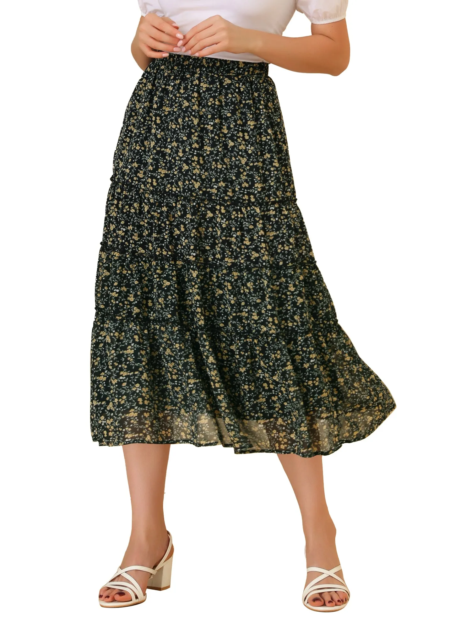 Chiffon Floral Printed Long Tiered Ruffle Boho Midi Skirt