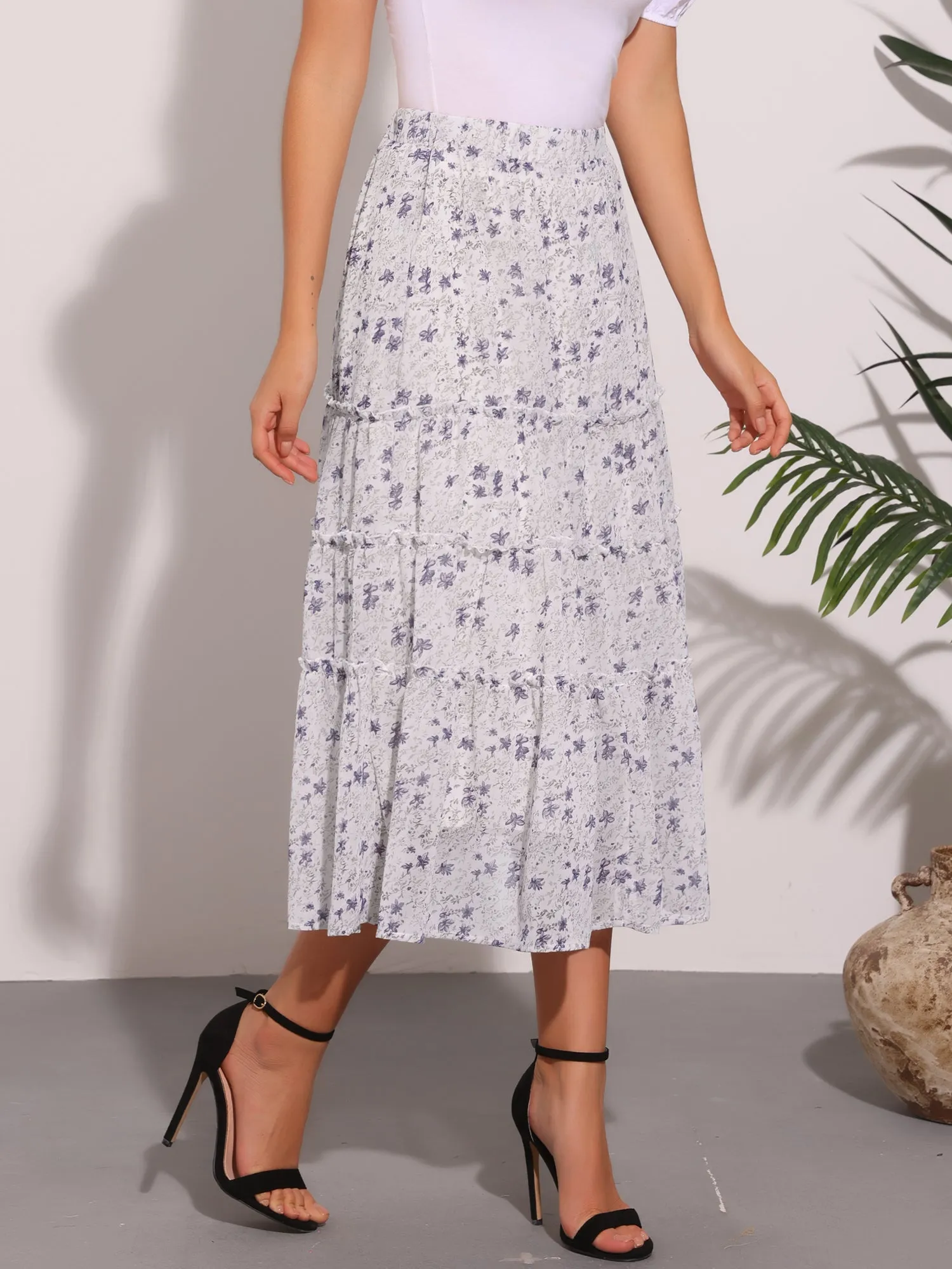 Chiffon Floral Printed Long Tiered Ruffle Boho Midi Skirt