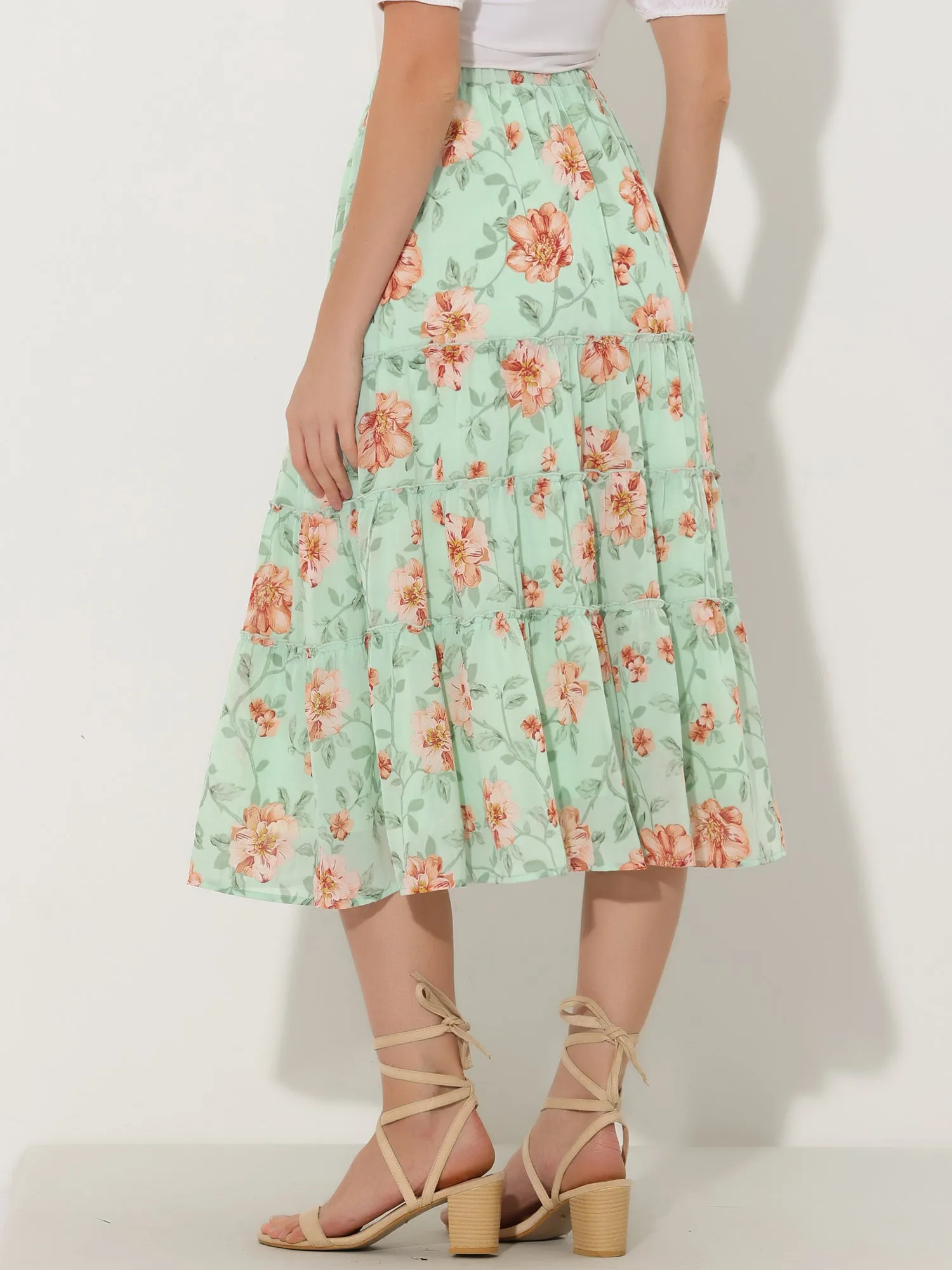 Chiffon Floral Printed Long Tiered Ruffle Boho Midi Skirt