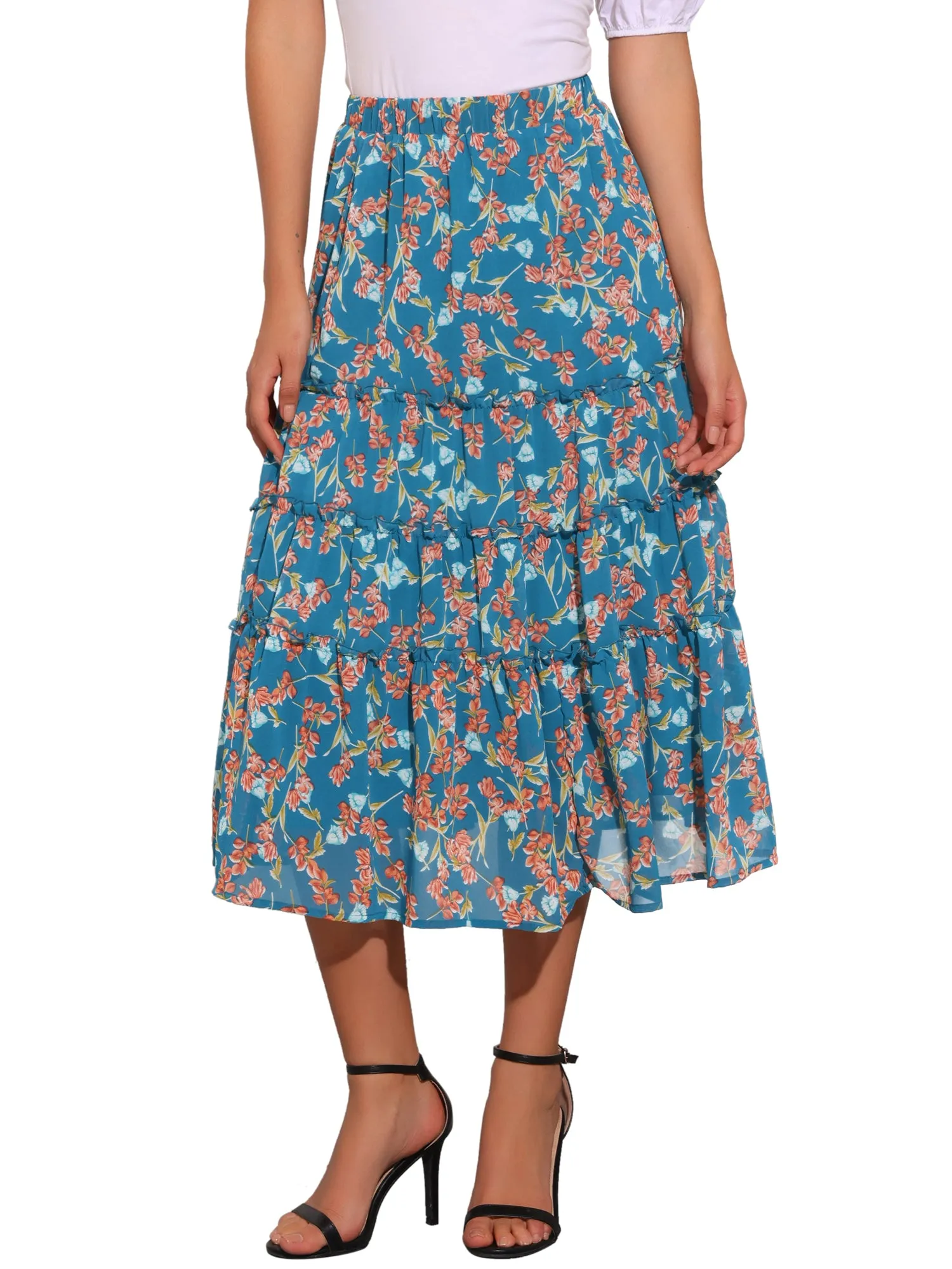 Chiffon Floral Printed Long Tiered Ruffle Boho Midi Skirt
