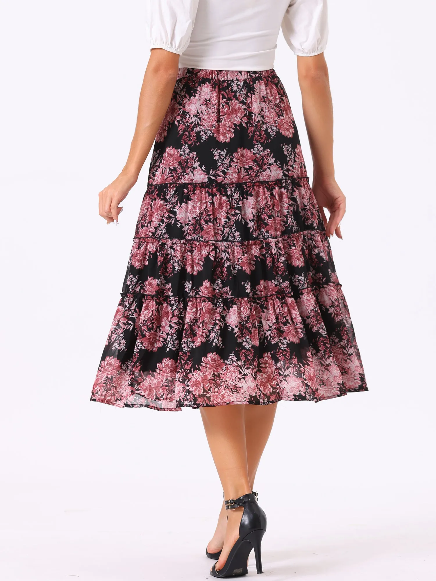 Chiffon Floral Printed Long Tiered Ruffle Boho Midi Skirt
