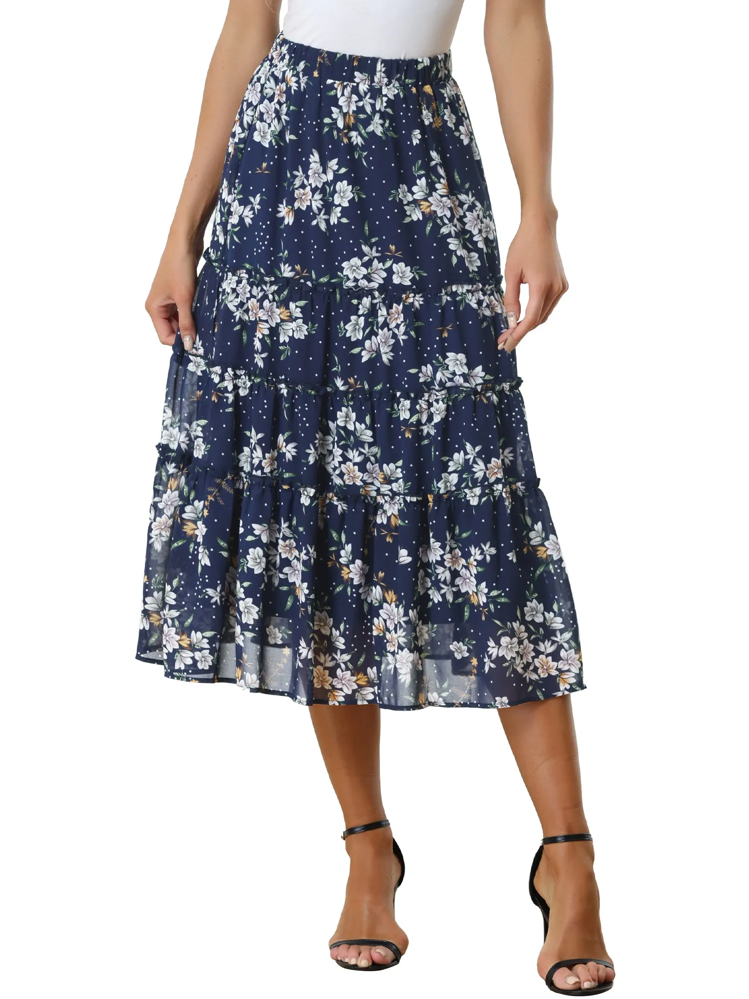 Chiffon Floral Printed Long Tiered Ruffle Boho Midi Skirt