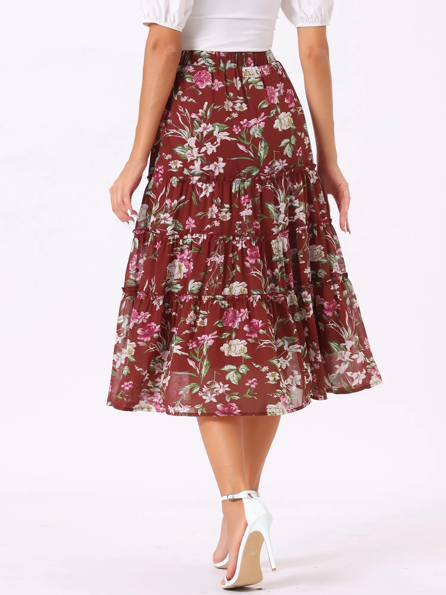 Chiffon Floral Printed Long Tiered Ruffle Boho Midi Skirt