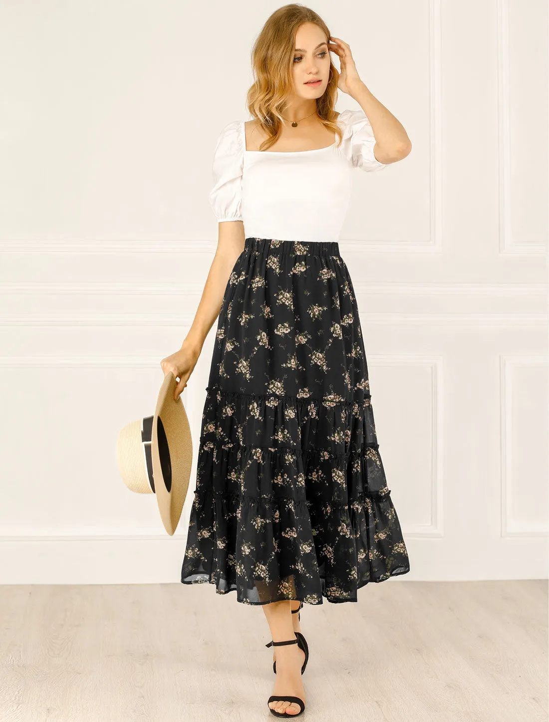 Chiffon Floral Printed Long Tiered Ruffle Boho Midi Skirt