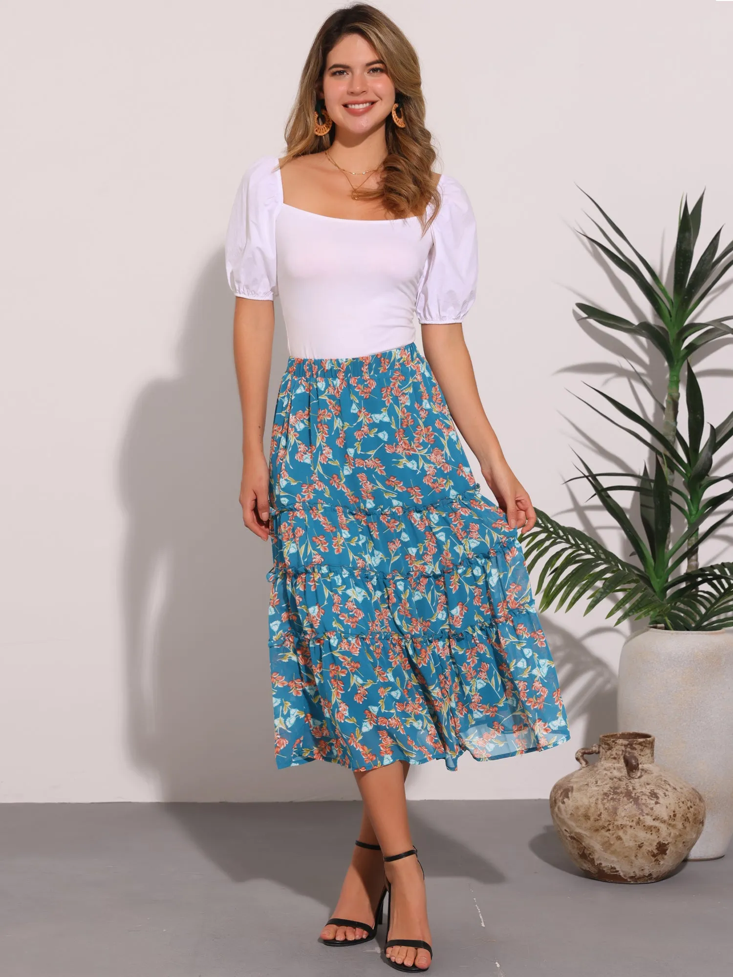 Chiffon Floral Printed Long Tiered Ruffle Boho Midi Skirt
