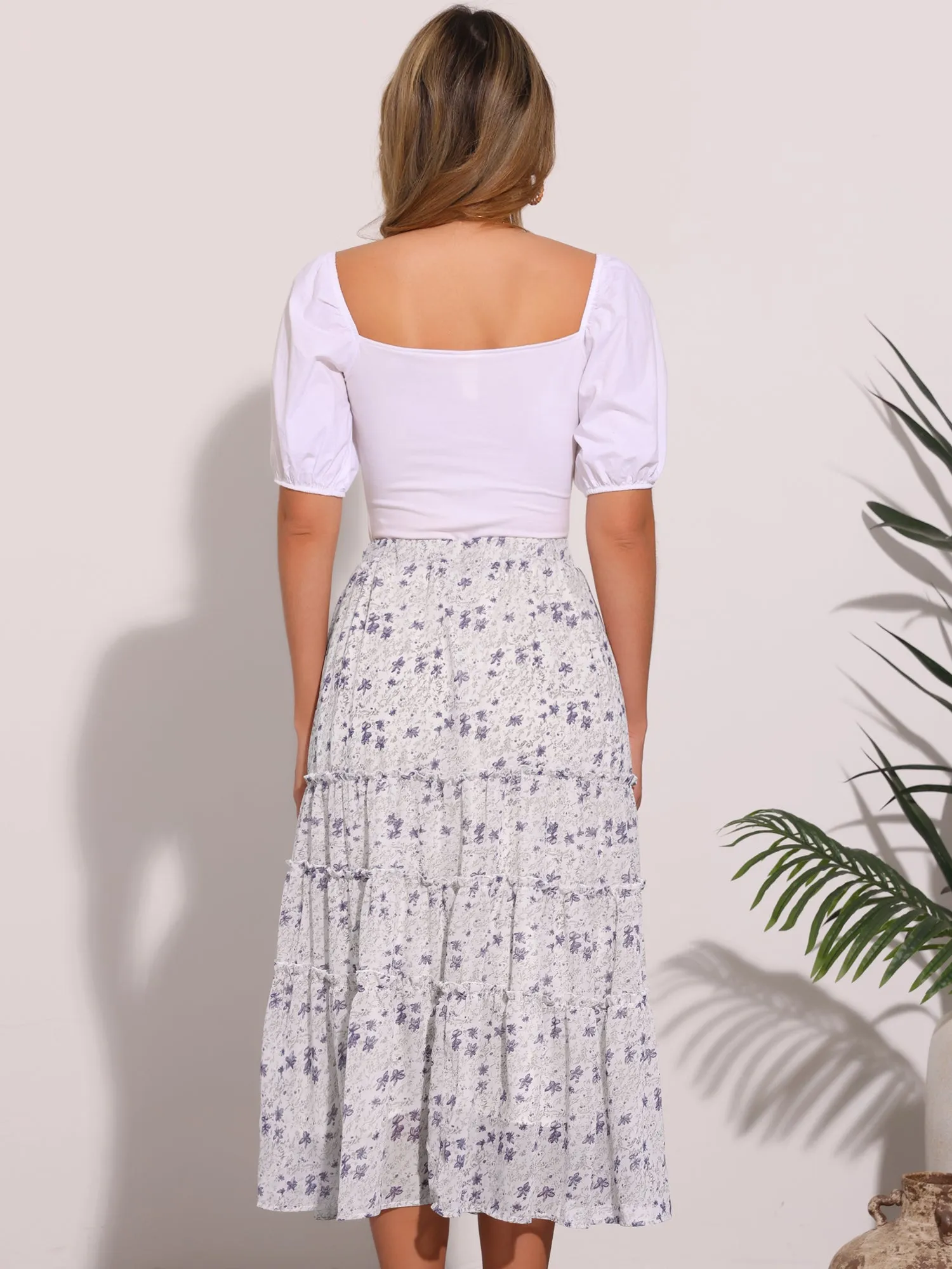 Chiffon Floral Printed Long Tiered Ruffle Boho Midi Skirt