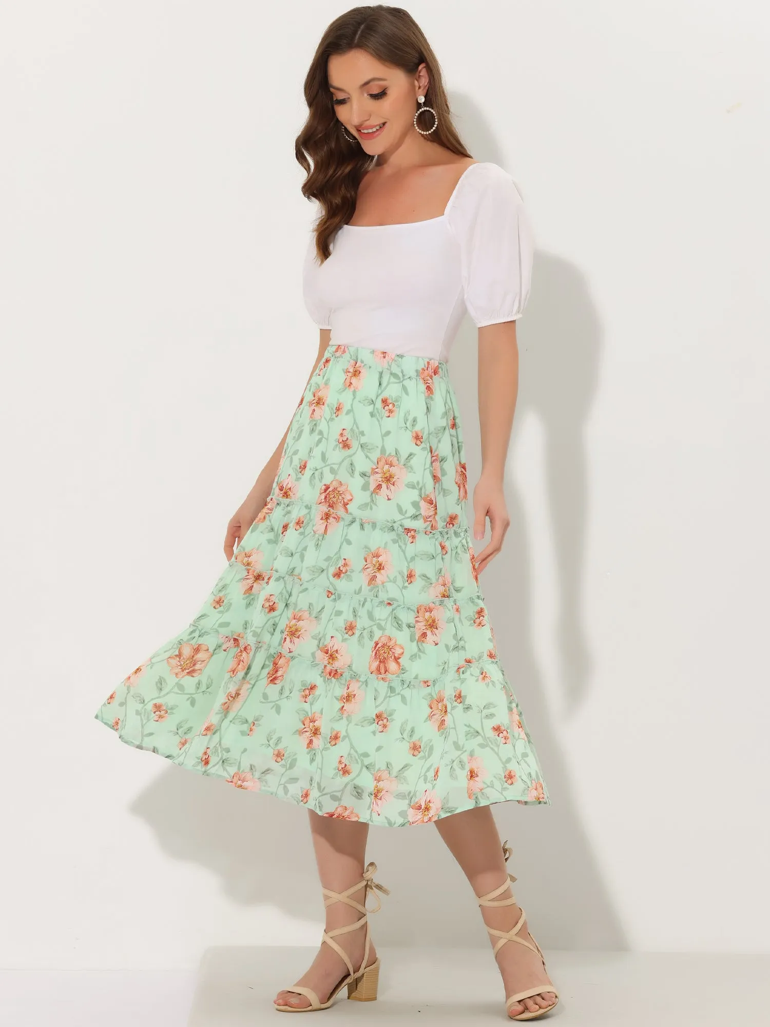 Chiffon Floral Printed Long Tiered Ruffle Boho Midi Skirt