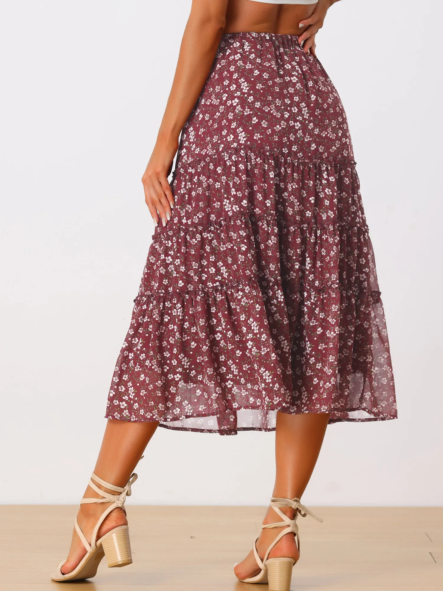 Chiffon Floral Printed Long Tiered Ruffle Boho Midi Skirt