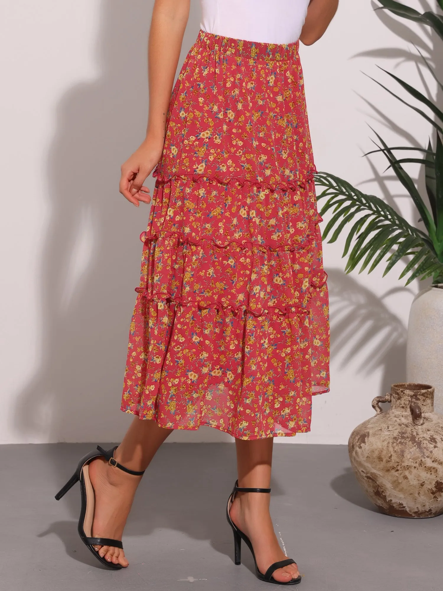 Chiffon Floral Printed Long Tiered Ruffle Boho Midi Skirt