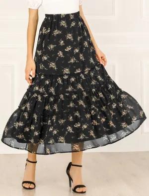 Chiffon Floral Printed Long Tiered Ruffle Boho Midi Skirt