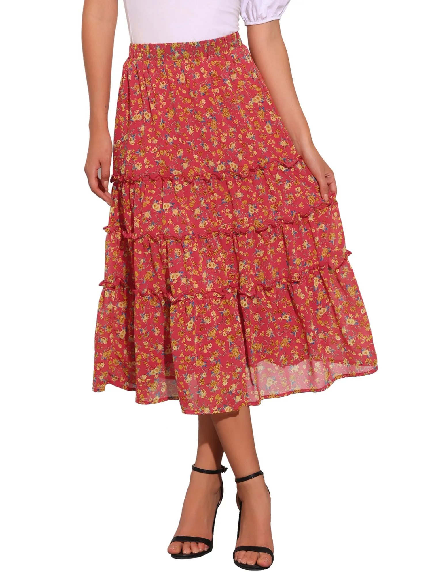 Chiffon Floral Printed Long Tiered Ruffle Boho Midi Skirt
