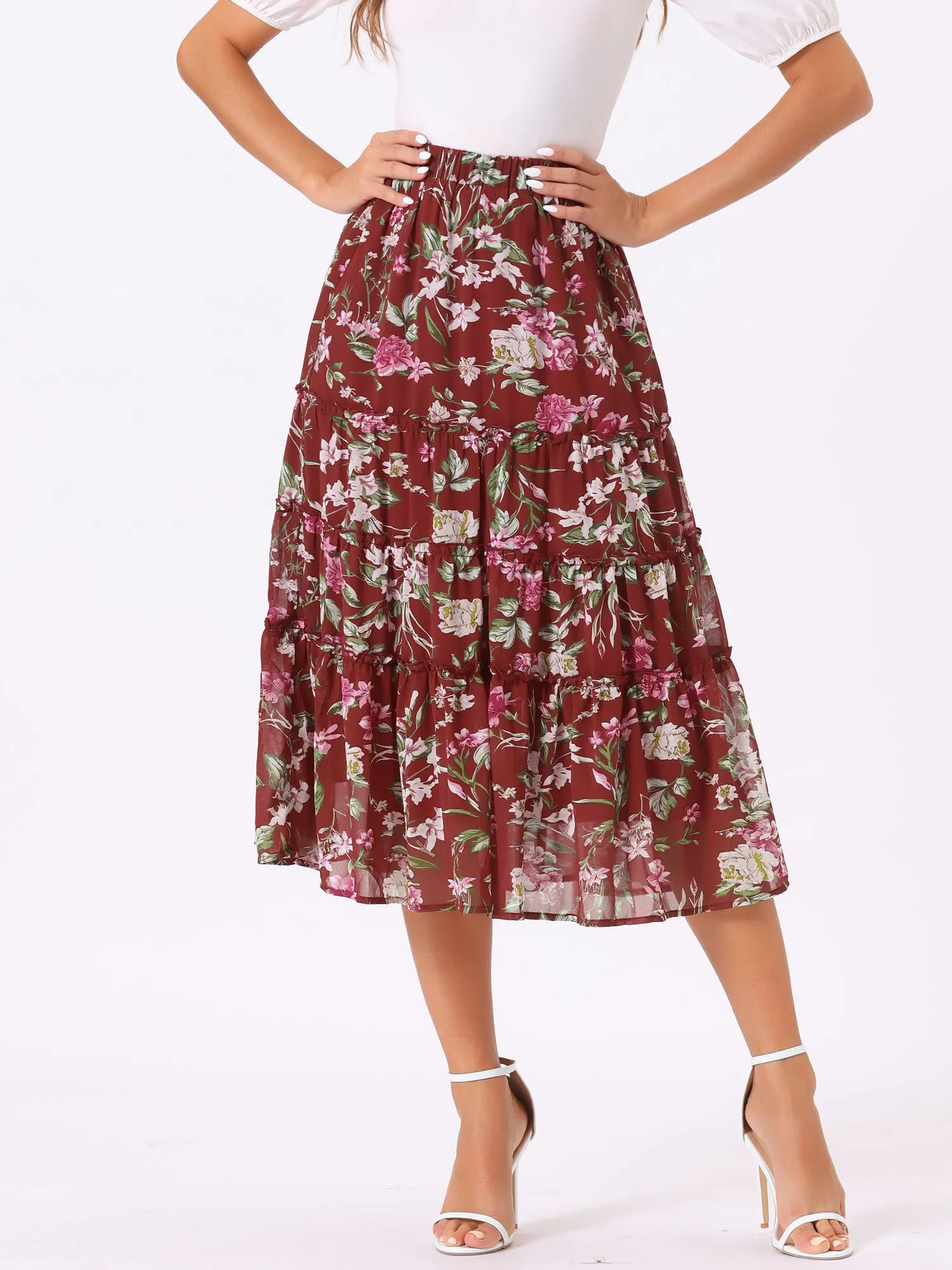 Chiffon Floral Printed Long Tiered Ruffle Boho Midi Skirt