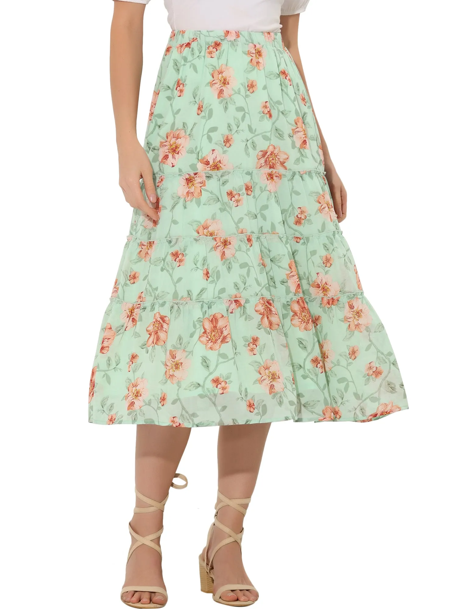 Chiffon Floral Printed Long Tiered Ruffle Boho Midi Skirt