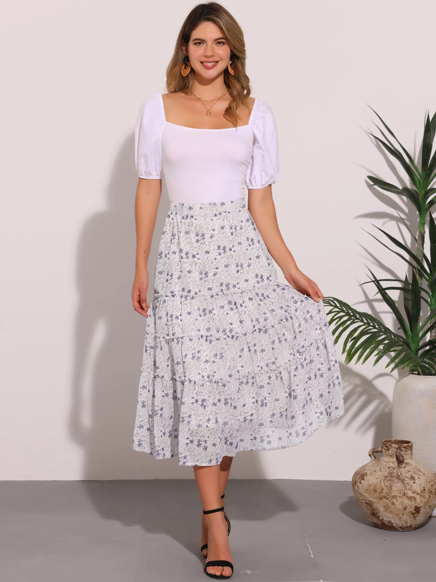 Chiffon Floral Printed Long Tiered Ruffle Boho Midi Skirt