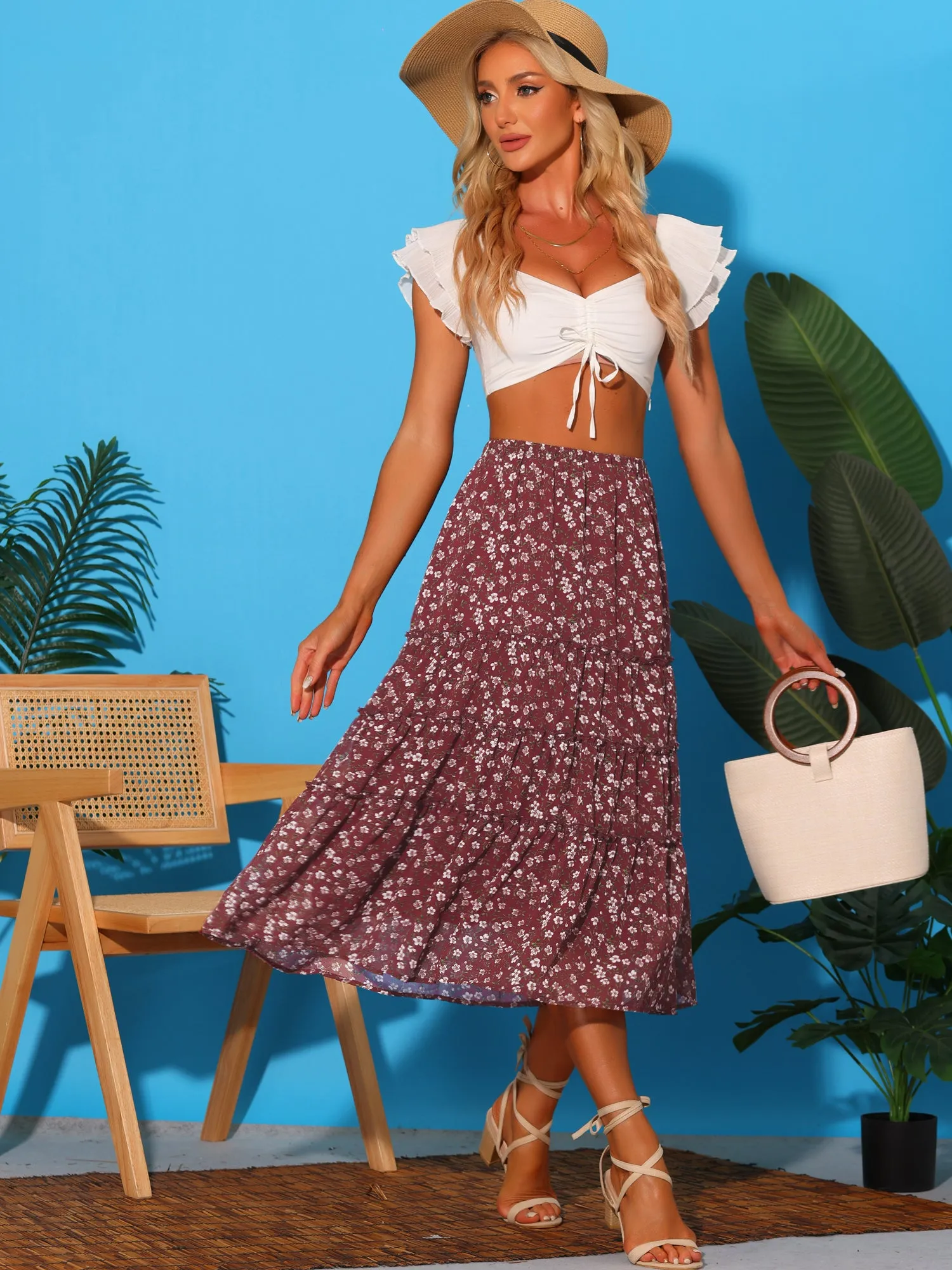 Chiffon Floral Printed Long Tiered Ruffle Boho Midi Skirt