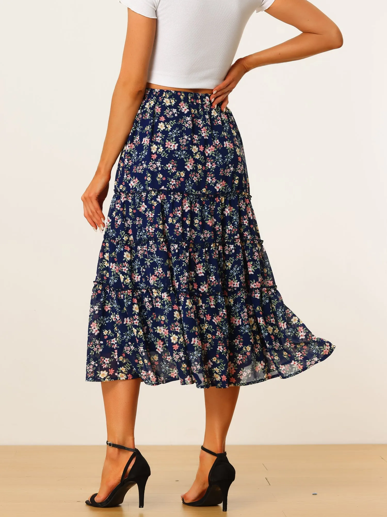 Chiffon Floral Printed Long Tiered Ruffle Boho Midi Skirt
