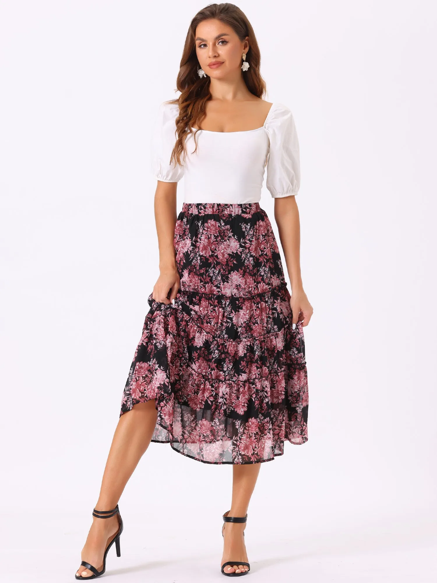 Chiffon Floral Printed Long Tiered Ruffle Boho Midi Skirt