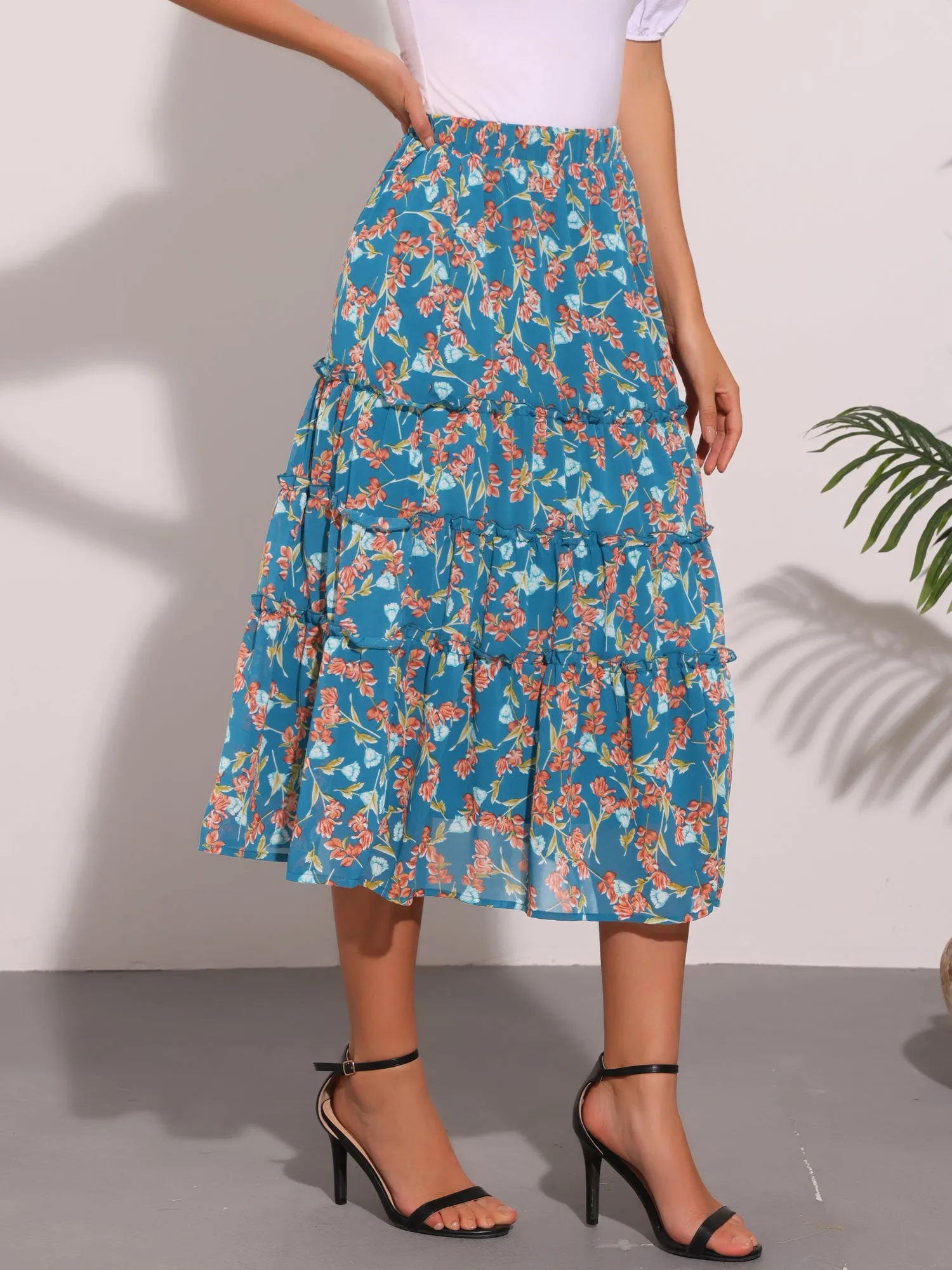 Chiffon Floral Printed Long Tiered Ruffle Boho Midi Skirt
