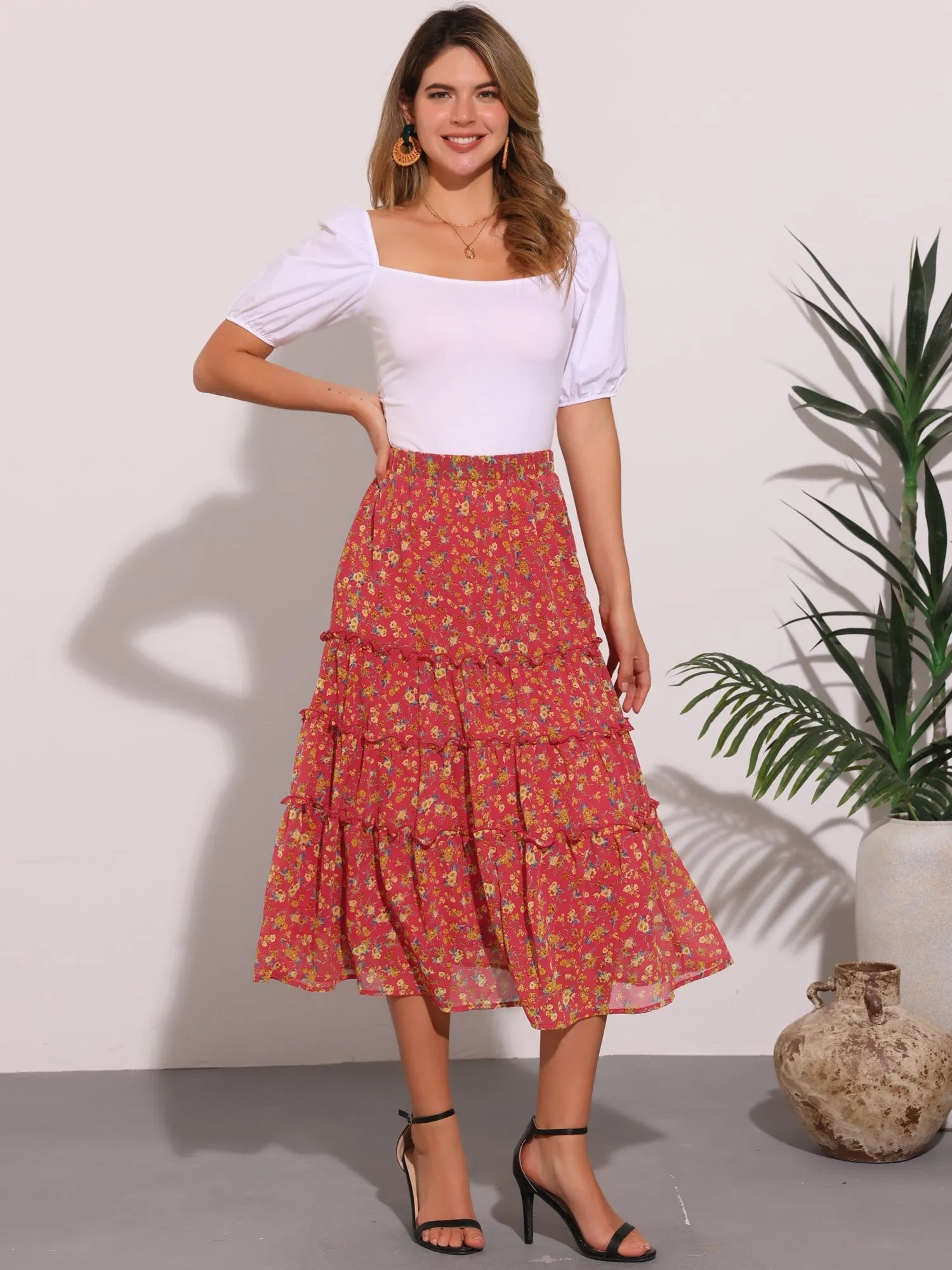 Chiffon Floral Printed Long Tiered Ruffle Boho Midi Skirt