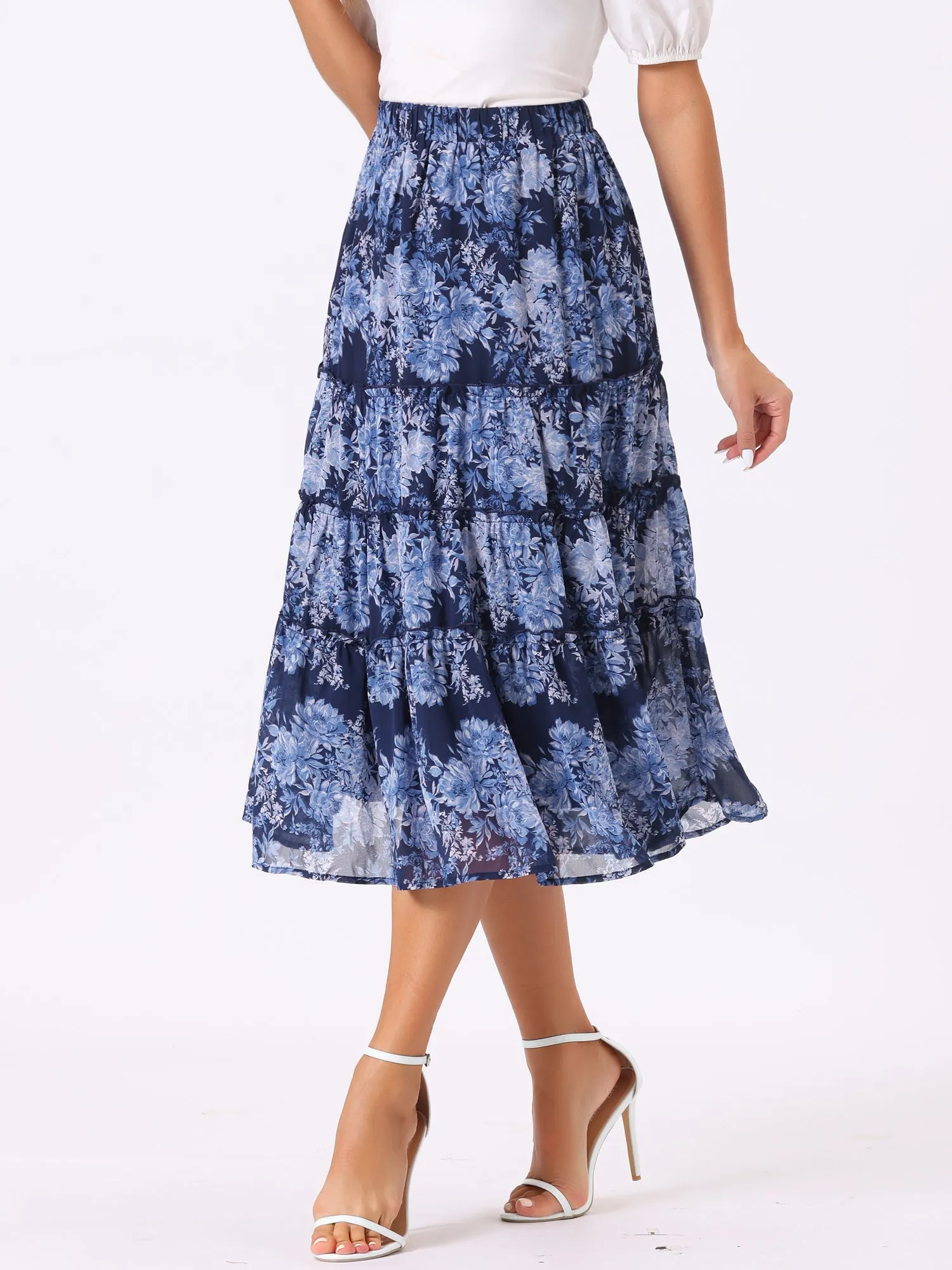 Chiffon Floral Printed Long Tiered Ruffle Boho Midi Skirt