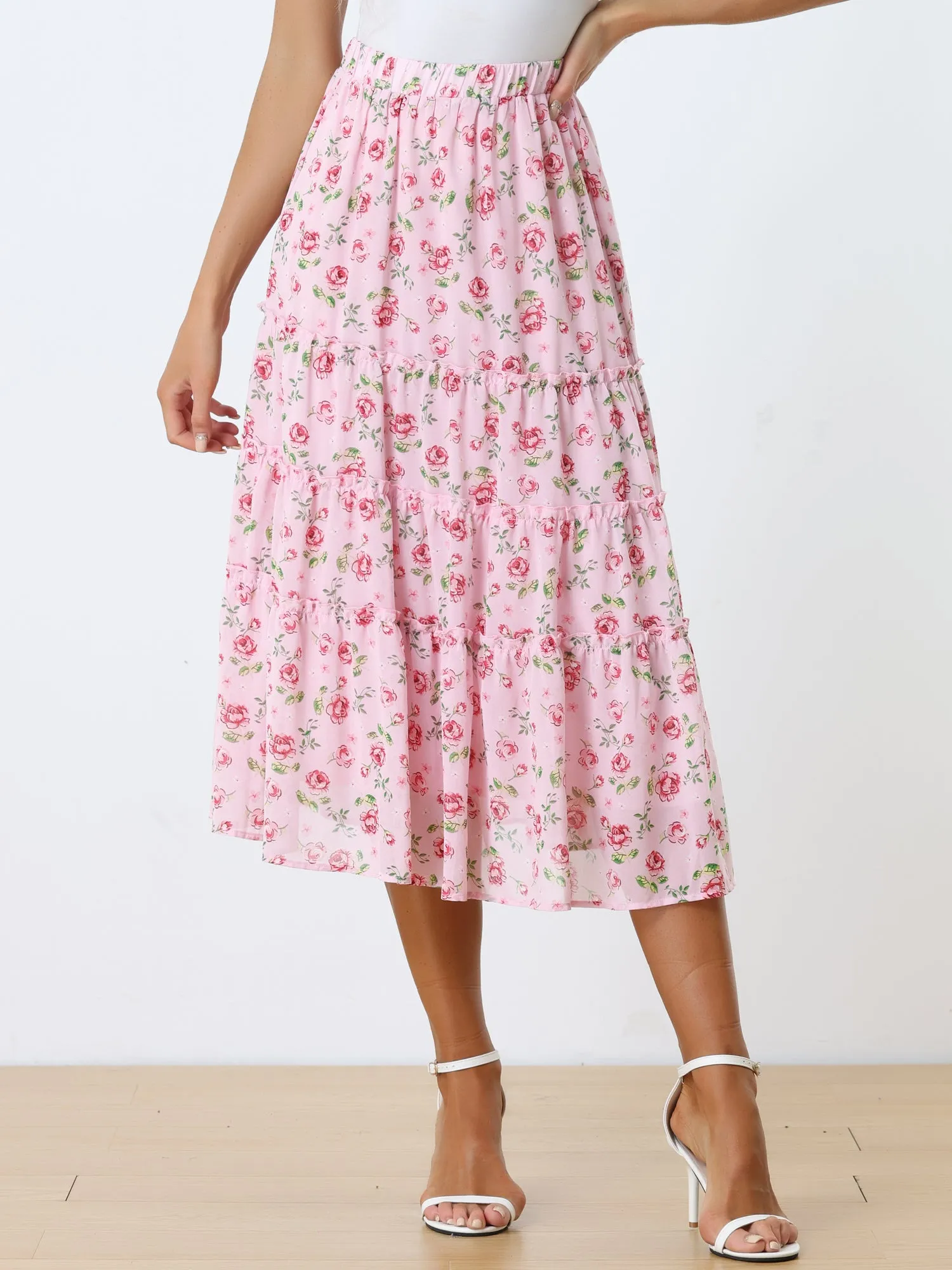 Chiffon Floral Printed Long Tiered Ruffle Boho Midi Skirt