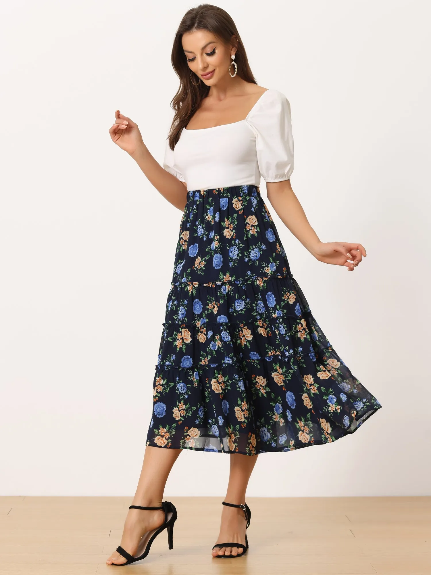 Chiffon Floral Printed Long Tiered Ruffle Boho Midi Skirt