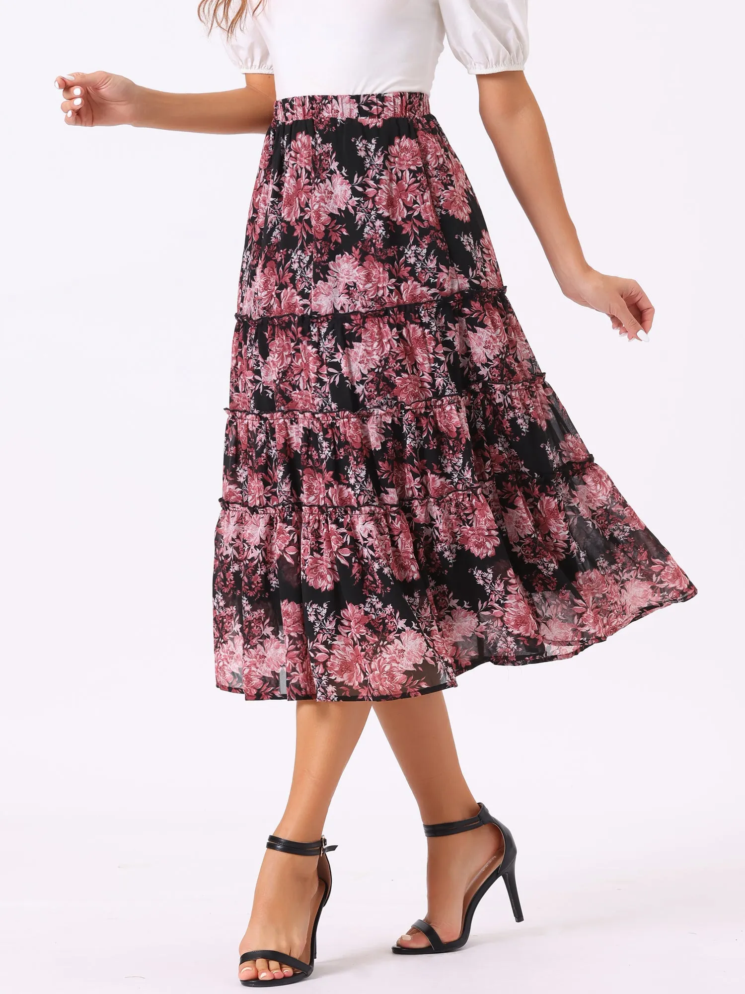 Chiffon Floral Printed Long Tiered Ruffle Boho Midi Skirt