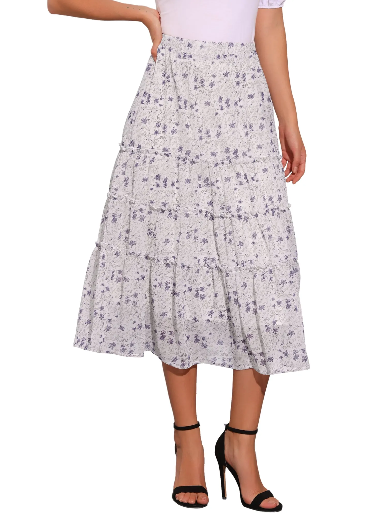 Chiffon Floral Printed Long Tiered Ruffle Boho Midi Skirt
