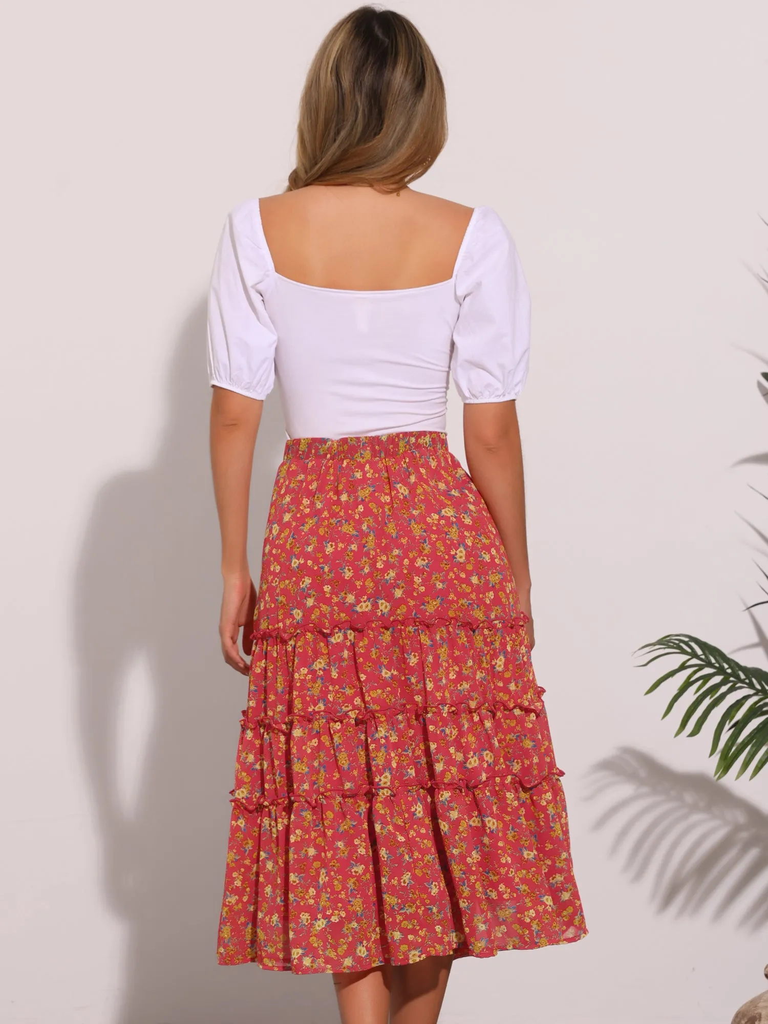 Chiffon Floral Printed Long Tiered Ruffle Boho Midi Skirt