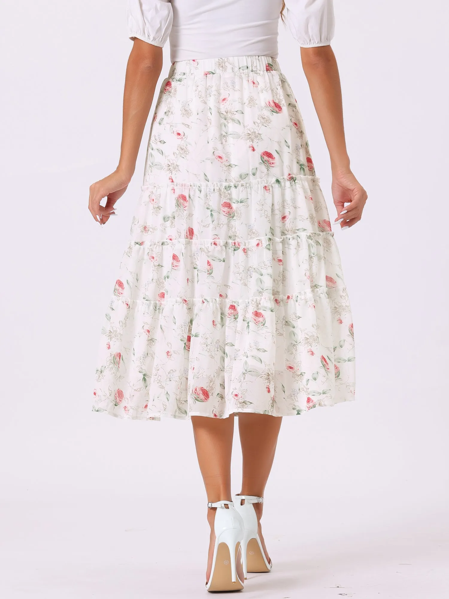 Chiffon Floral Printed Long Tiered Ruffle Boho Midi Skirt