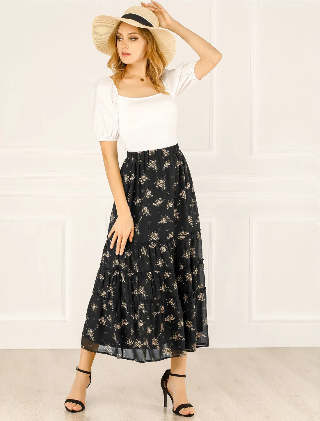 Chiffon Floral Printed Long Tiered Ruffle Boho Midi Skirt