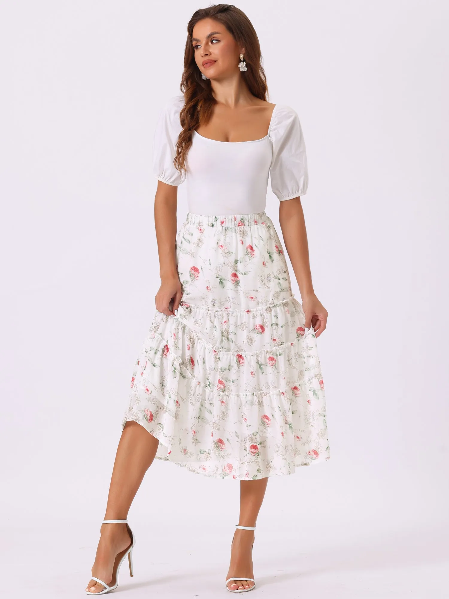 Chiffon Floral Printed Long Tiered Ruffle Boho Midi Skirt