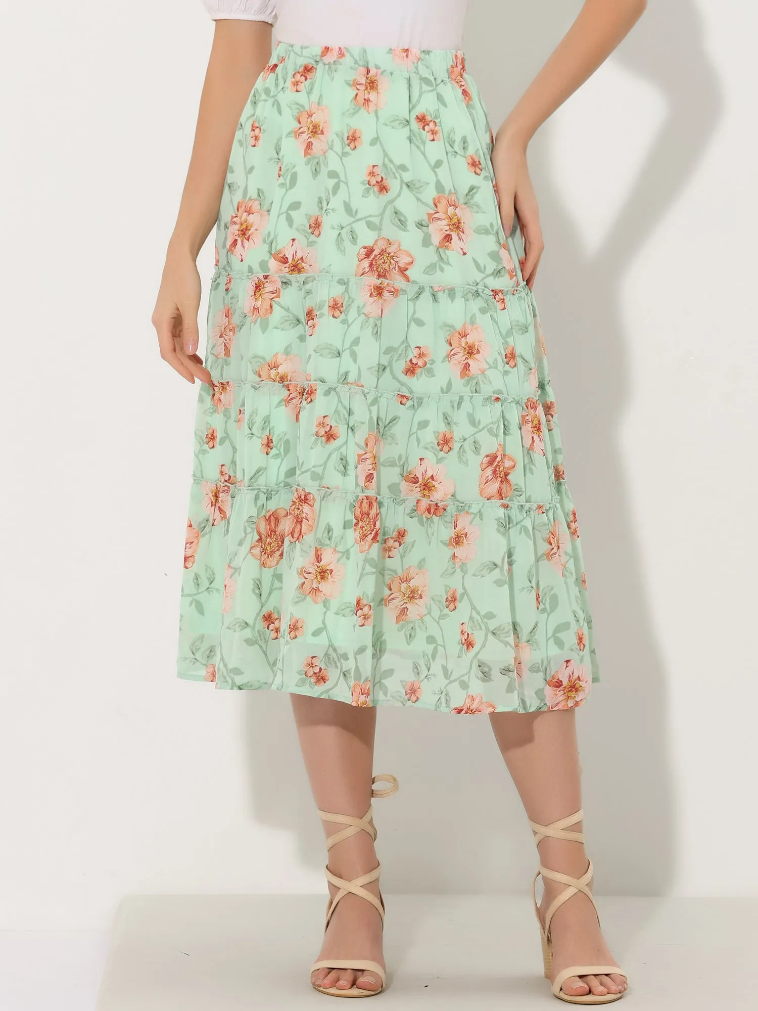 Chiffon Floral Printed Long Tiered Ruffle Boho Midi Skirt