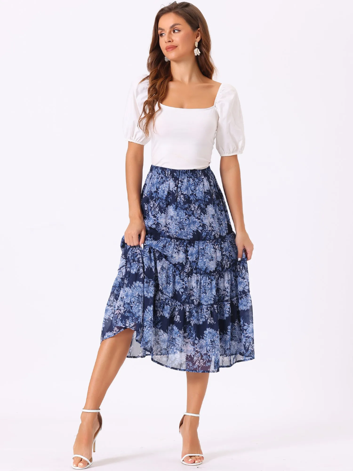 Chiffon Floral Printed Long Tiered Ruffle Boho Midi Skirt
