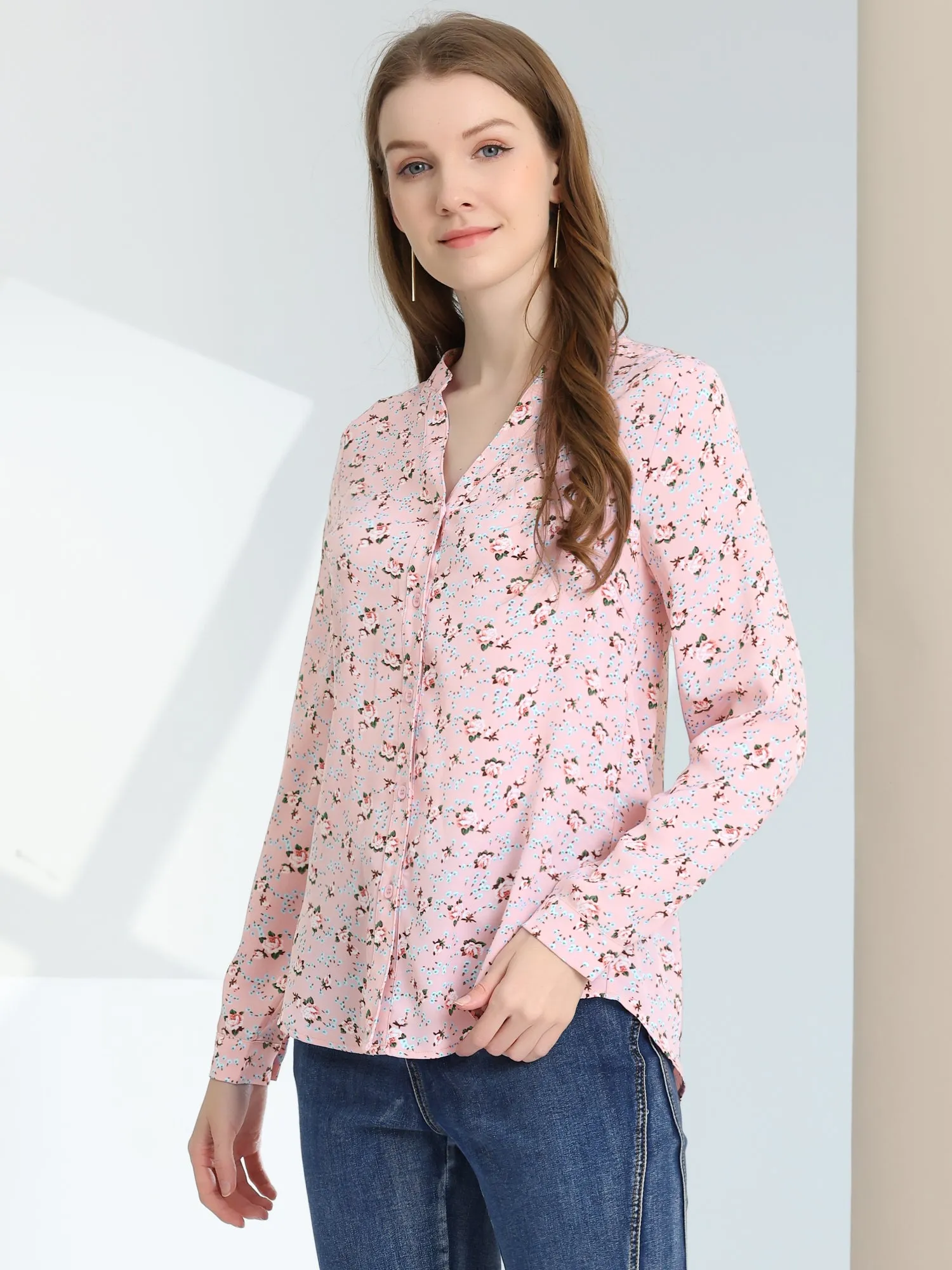Chiffon Floral Tops V Neck Long Sleeve Button-Up Blouse Shirt