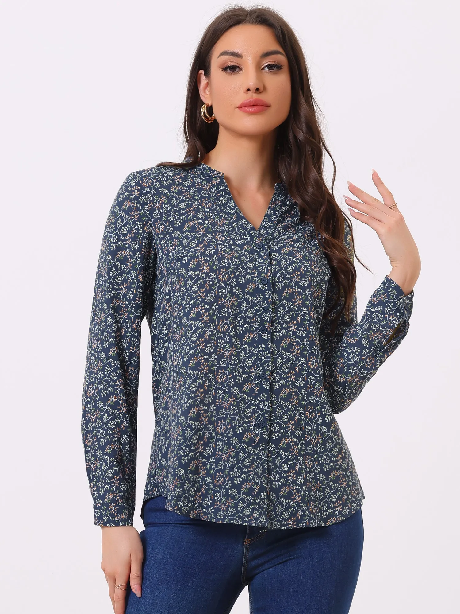 Chiffon Floral Tops V Neck Long Sleeve Button-Up Blouse Shirt