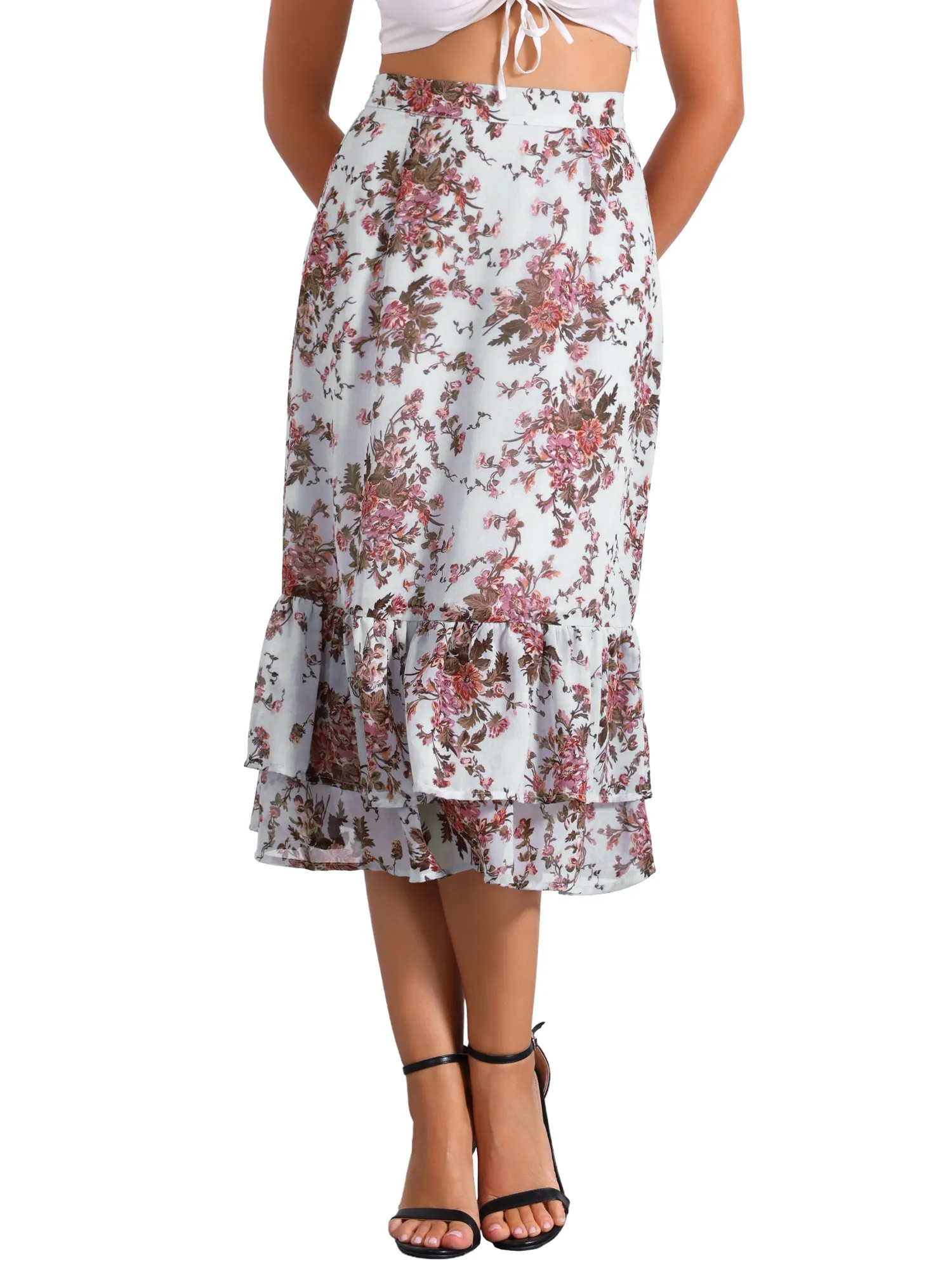 Chiffon Printed Elastic Waist Ruffle Tiered Flowy Midi Skirt