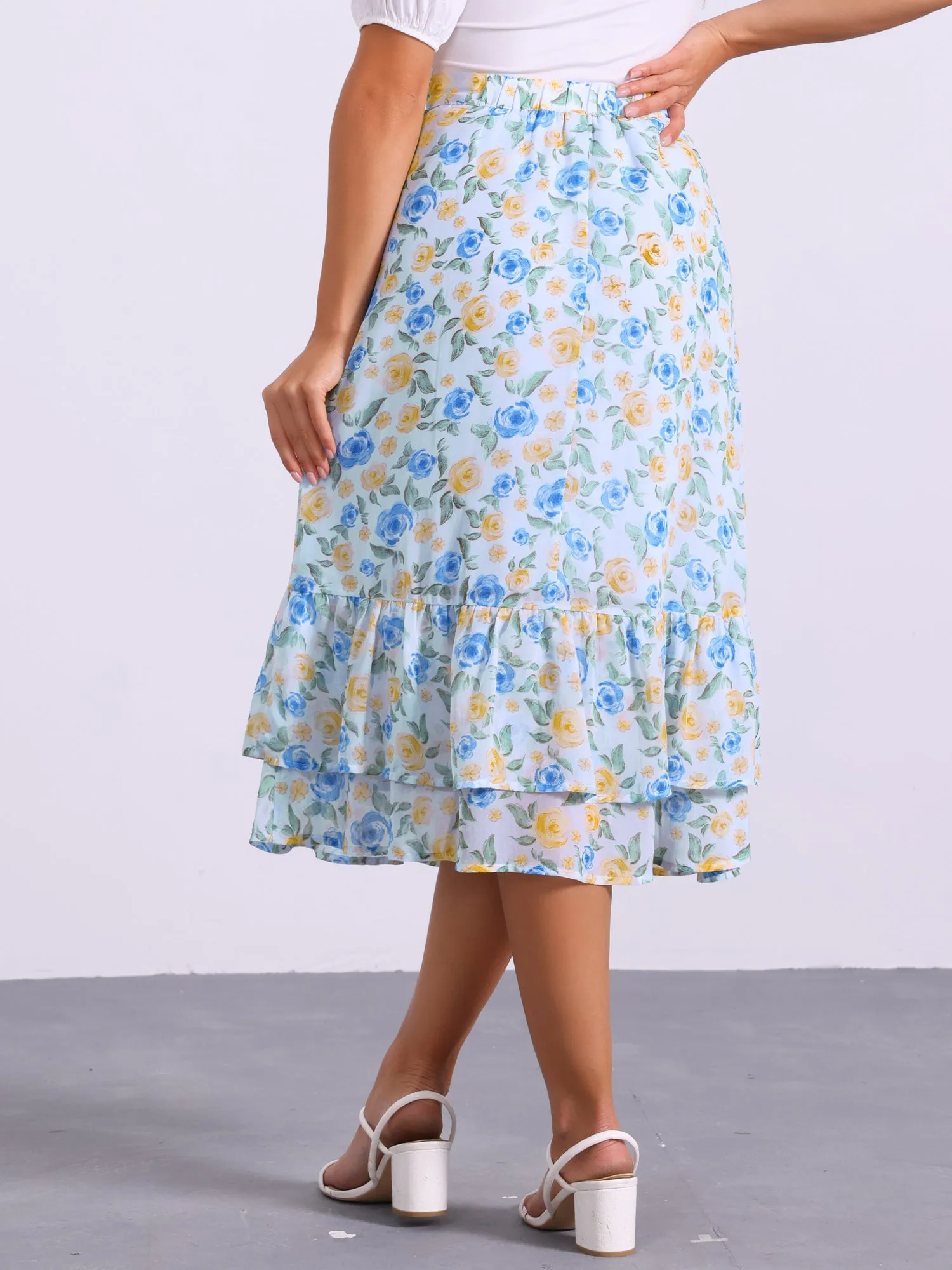 Chiffon Printed Elastic Waist Ruffle Tiered Flowy Midi Skirt