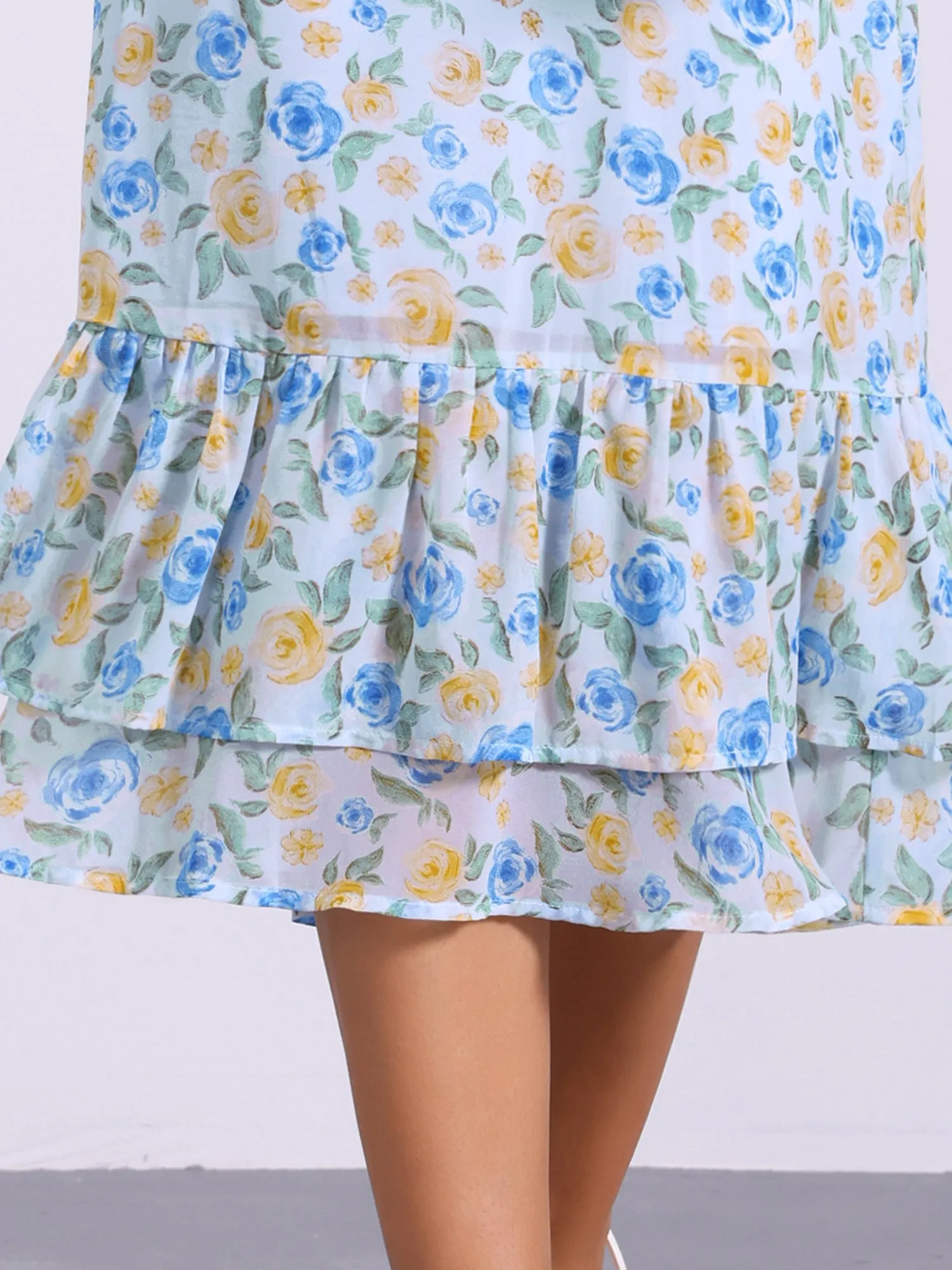 Chiffon Printed Elastic Waist Ruffle Tiered Flowy Midi Skirt
