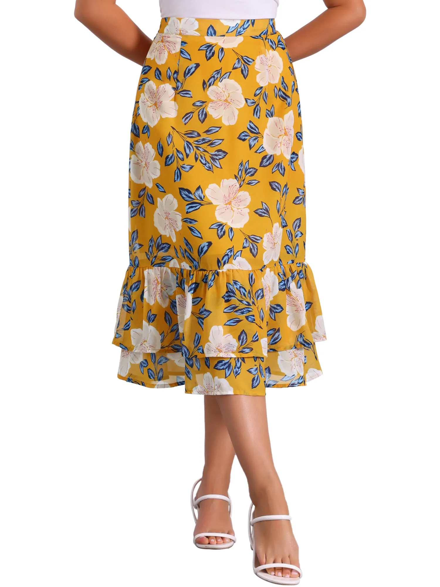 Chiffon Printed Elastic Waist Ruffle Tiered Flowy Midi Skirt