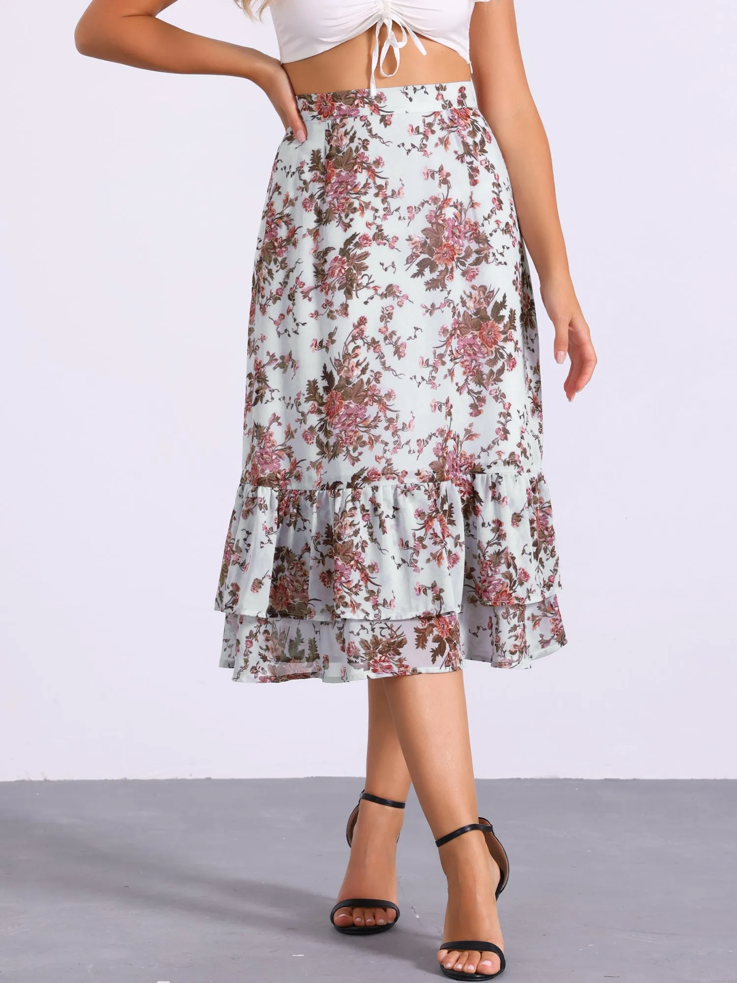 Chiffon Printed Elastic Waist Ruffle Tiered Flowy Midi Skirt