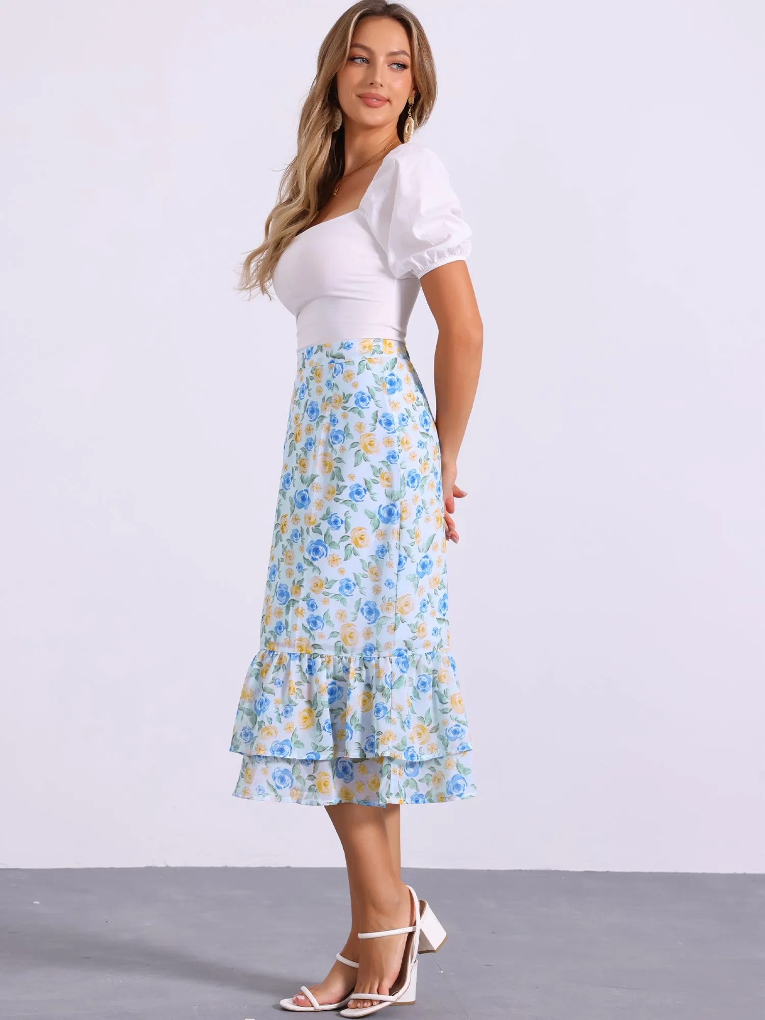 Chiffon Printed Elastic Waist Ruffle Tiered Flowy Midi Skirt