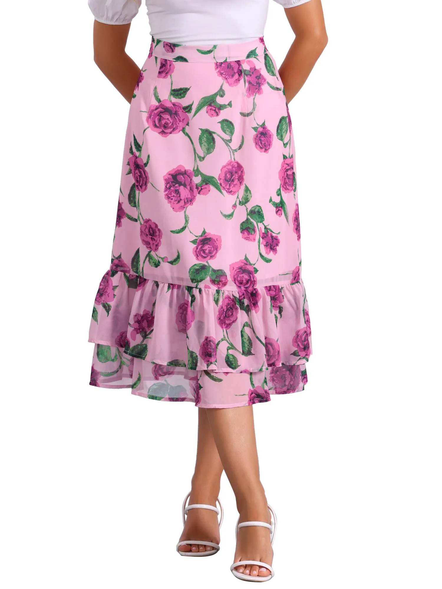 Chiffon Printed Elastic Waist Ruffle Tiered Flowy Midi Skirt
