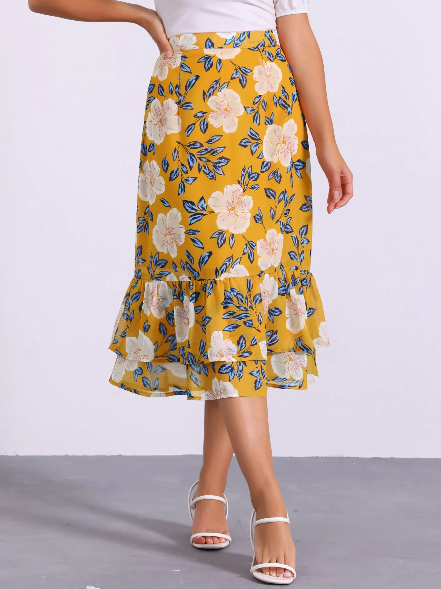 Chiffon Printed Elastic Waist Ruffle Tiered Flowy Midi Skirt