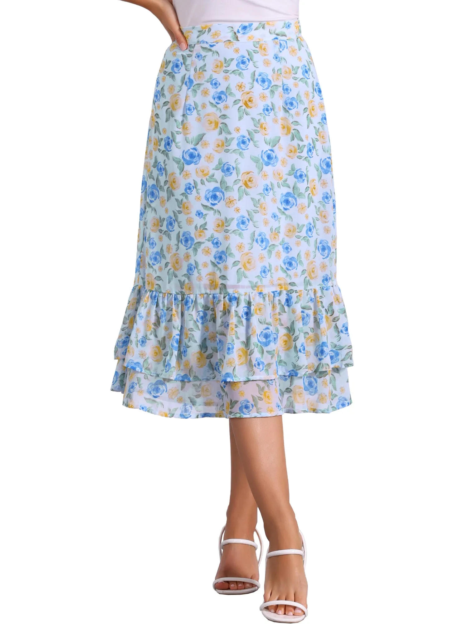 Chiffon Printed Elastic Waist Ruffle Tiered Flowy Midi Skirt