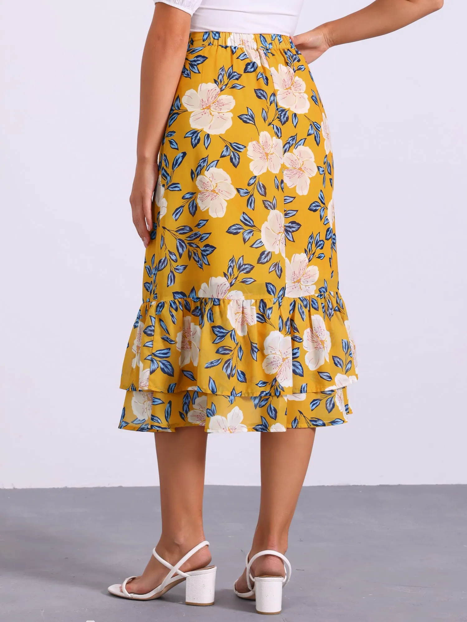 Chiffon Printed Elastic Waist Ruffle Tiered Flowy Midi Skirt