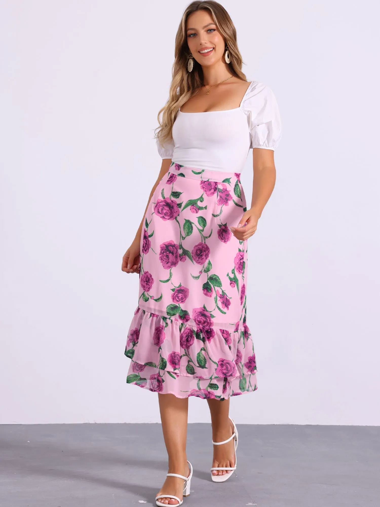 Chiffon Printed Elastic Waist Ruffle Tiered Flowy Midi Skirt