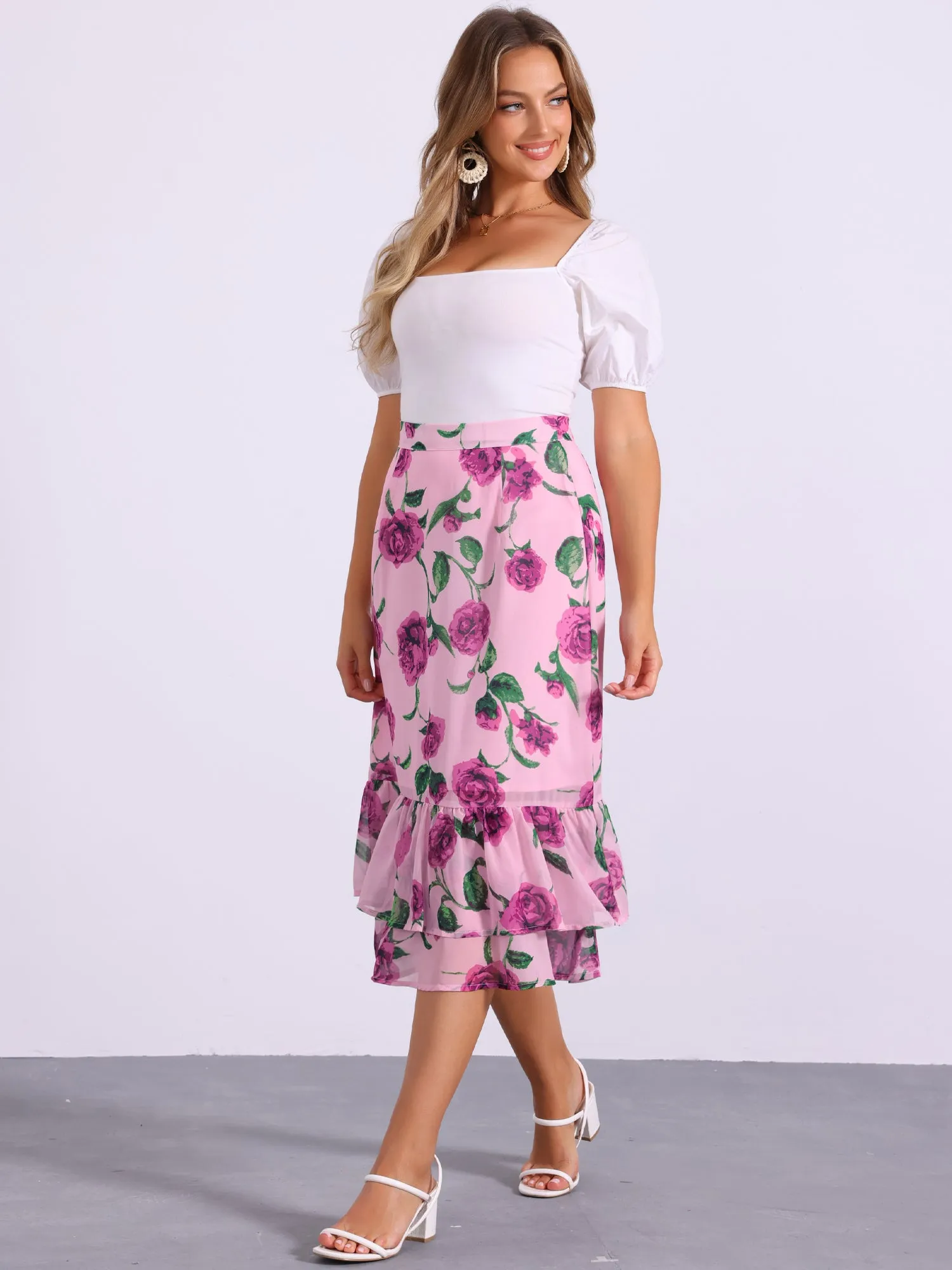 Chiffon Printed Elastic Waist Ruffle Tiered Flowy Midi Skirt