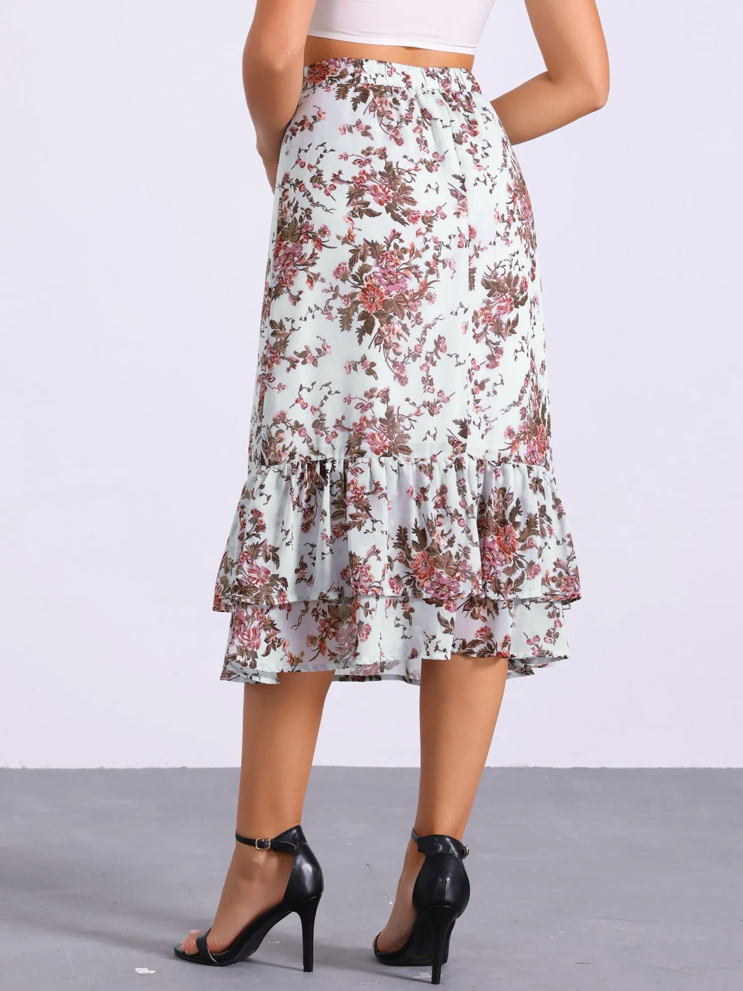 Chiffon Printed Elastic Waist Ruffle Tiered Flowy Midi Skirt