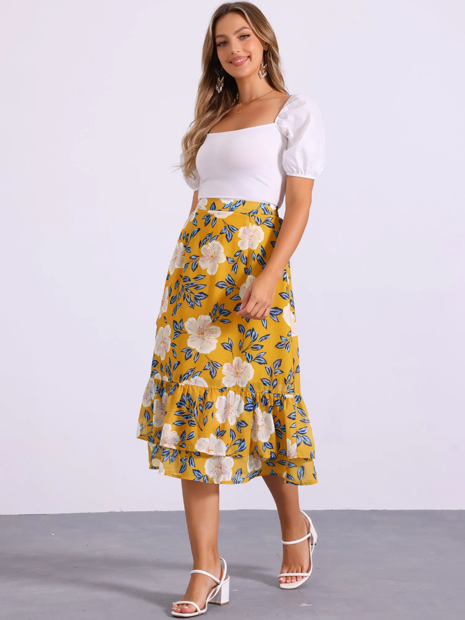 Chiffon Printed Elastic Waist Ruffle Tiered Flowy Midi Skirt